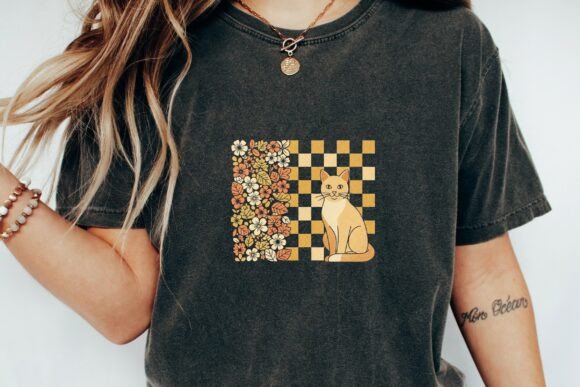 Download Retro Cat Floral Checkerboard Design Png - Design Collection